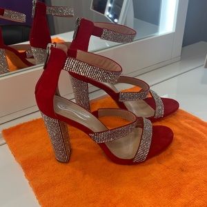 Red Rhinestone Chunky Heels Two Strap Zip Up